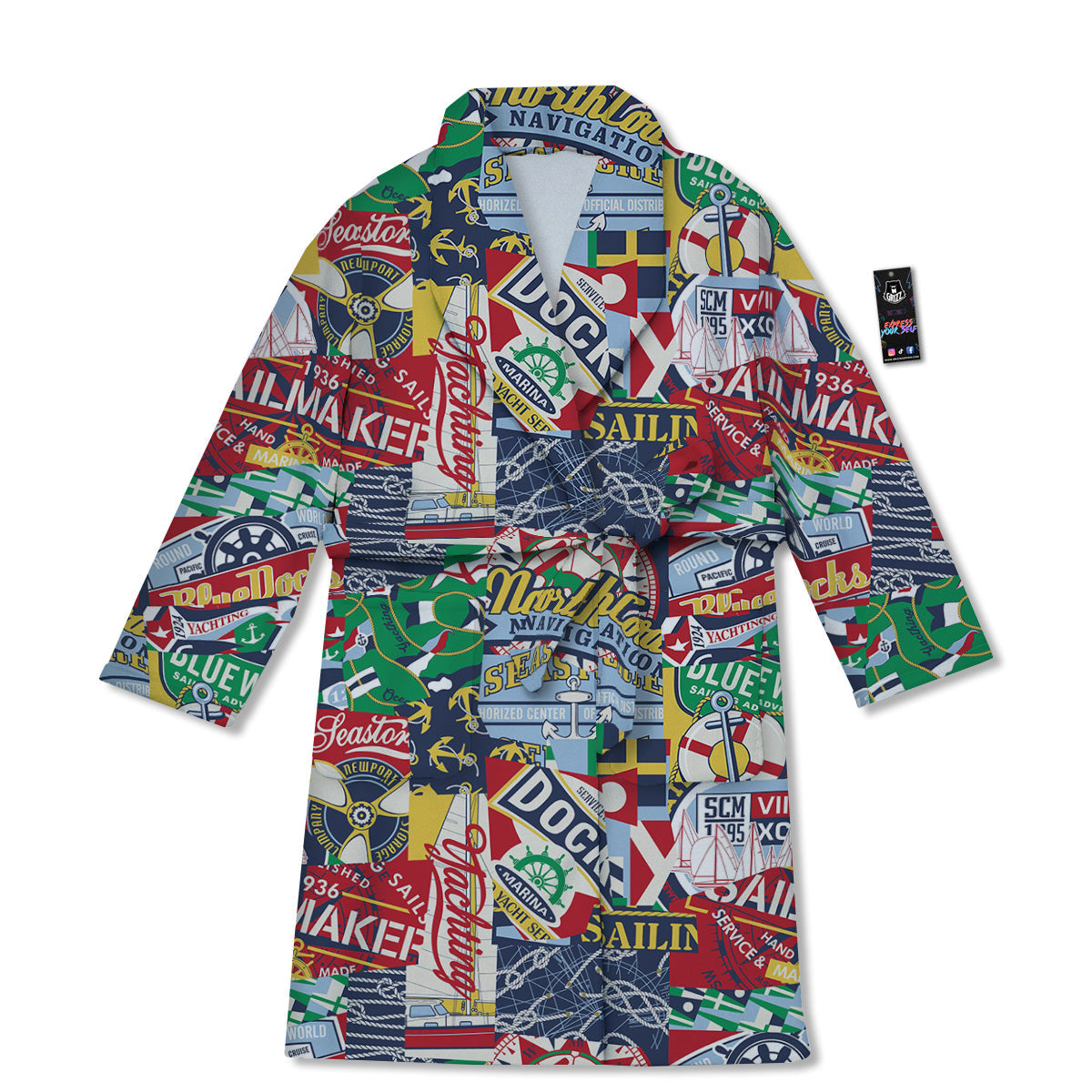 Patchwork Vintage Nautical Print Pattern Bathrobe-grizzshop