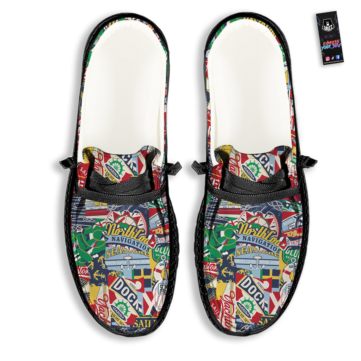 Patchwork Vintage Nautical Print Pattern Black Loafers-grizzshop