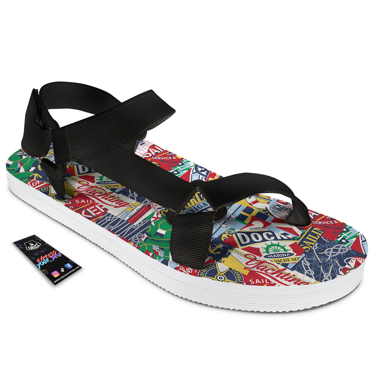 Patchwork Vintage Nautical Print Pattern Black Open Toe Sandals-grizzshop