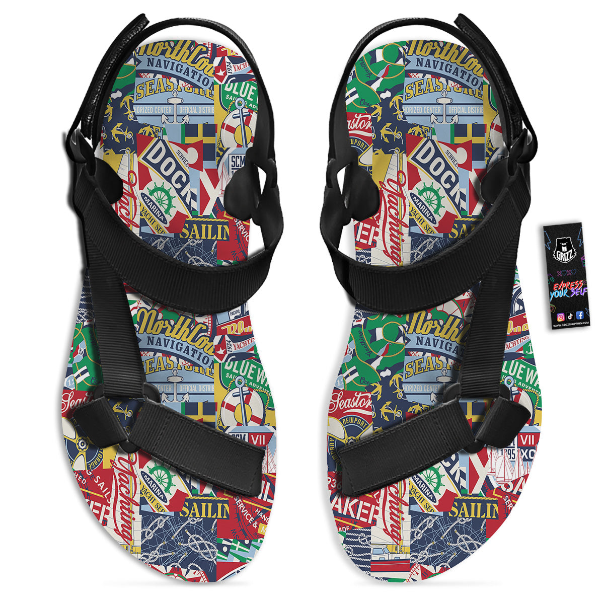 Patchwork Vintage Nautical Print Pattern Black Open Toe Sandals-grizzshop