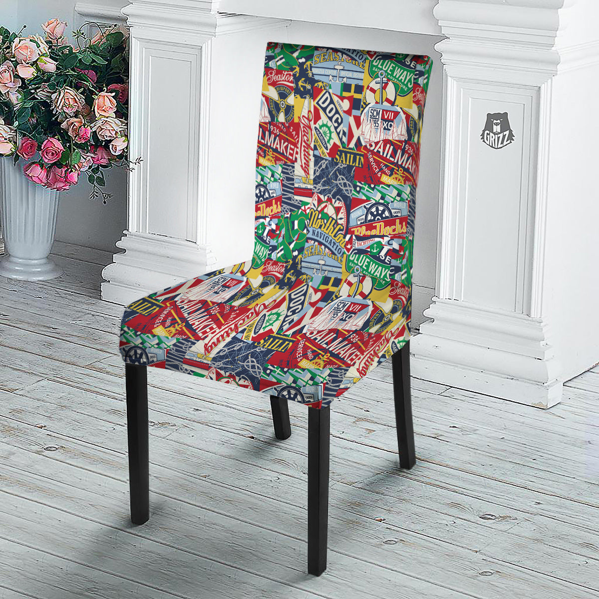 Patchwork Vintage Nautical Print Pattern Dining Chair Slipcover-grizzshop