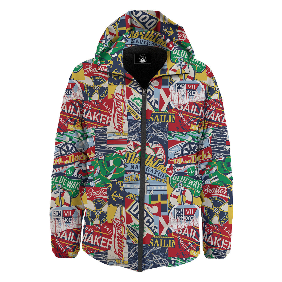 Patchwork Vintage Nautical Print Pattern Down Jacket-grizzshop