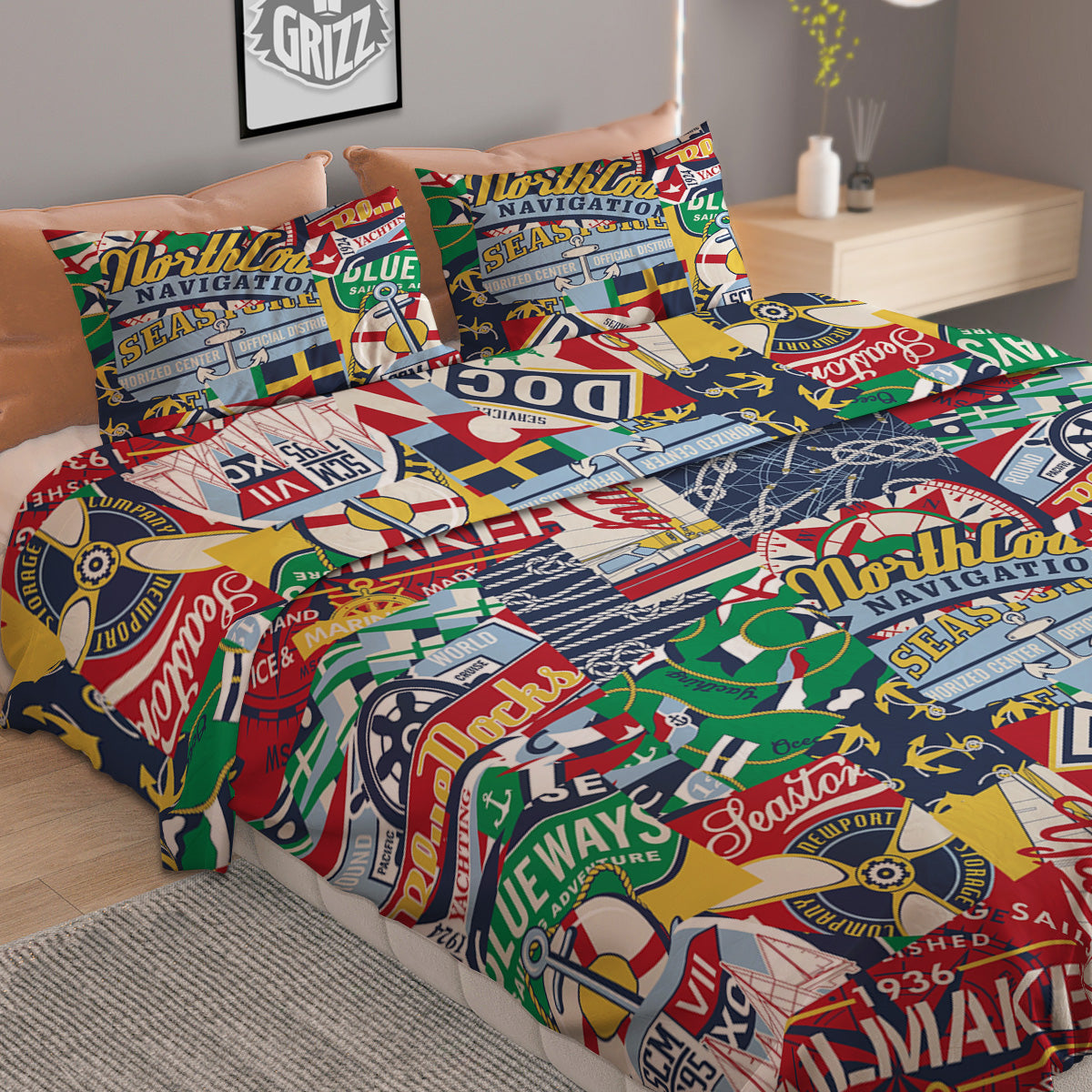Patchwork Vintage Nautical Print Pattern Duvet Cover Bedding Set