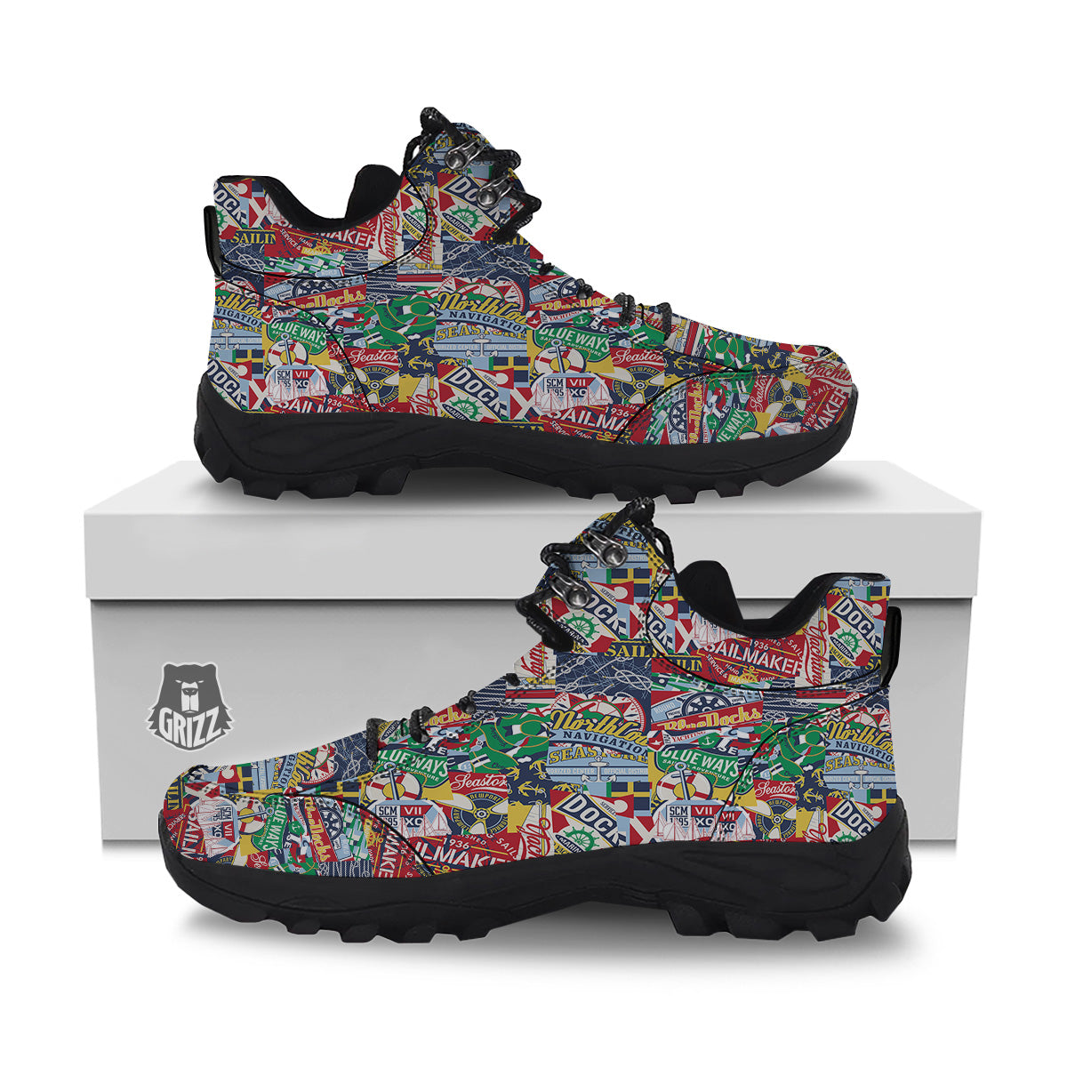 Patchwork Vintage Nautical Print Pattern Hiking Shoes-grizzshop