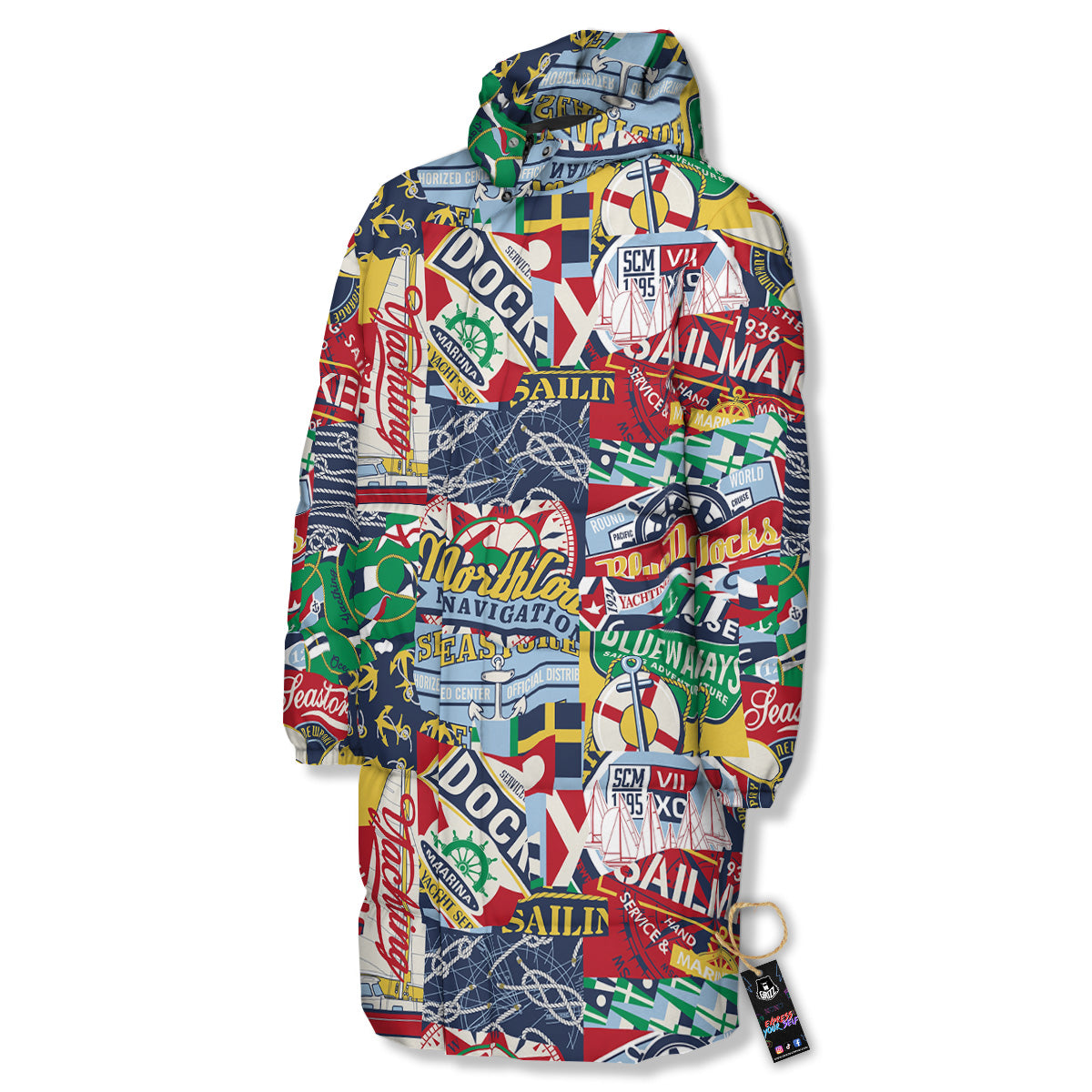 Patchwork Vintage Nautical Print Pattern Long Down Jacket-grizzshop