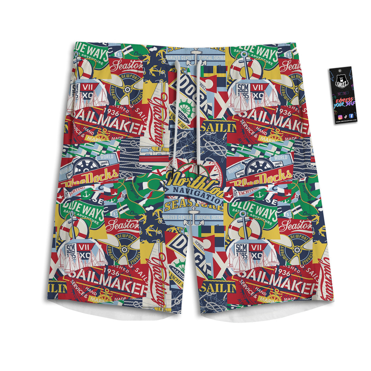 Patchwork Vintage Nautical Print Pattern Men's Athletic Shorts