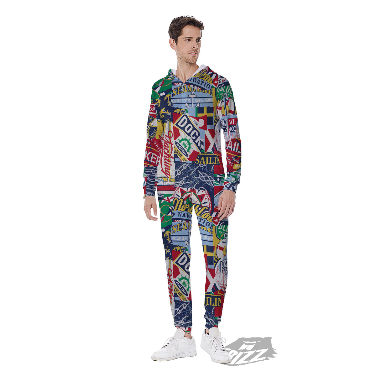 Patchwork Vintage Nautical Print Pattern Men's Jumpsuit-grizzshop