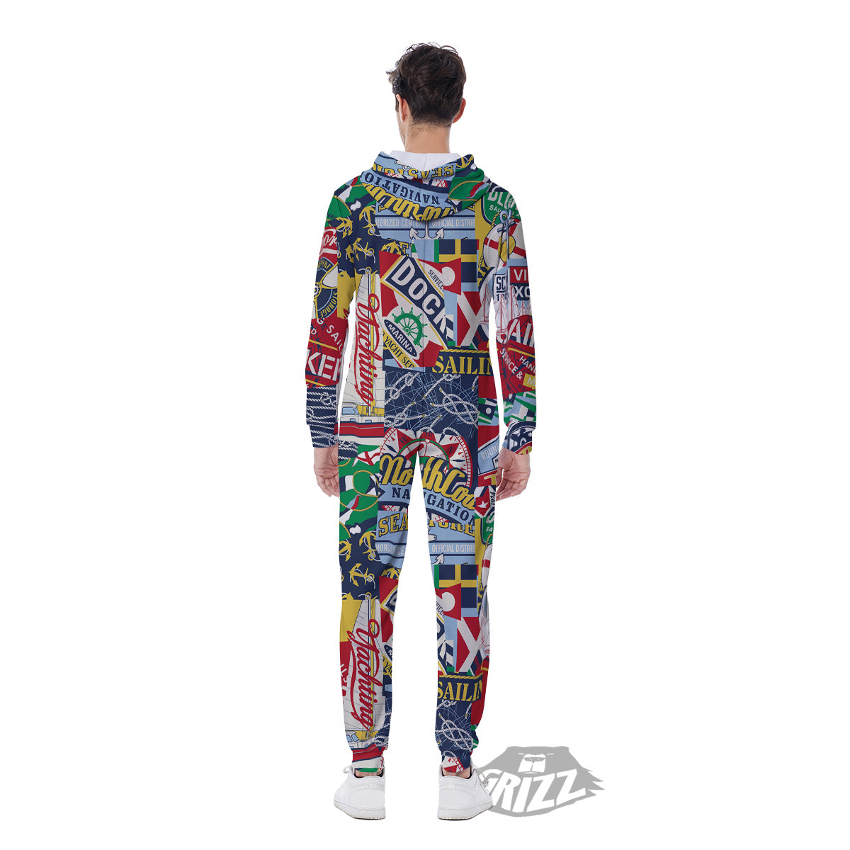 Patchwork Vintage Nautical Print Pattern Men's Jumpsuit-grizzshop