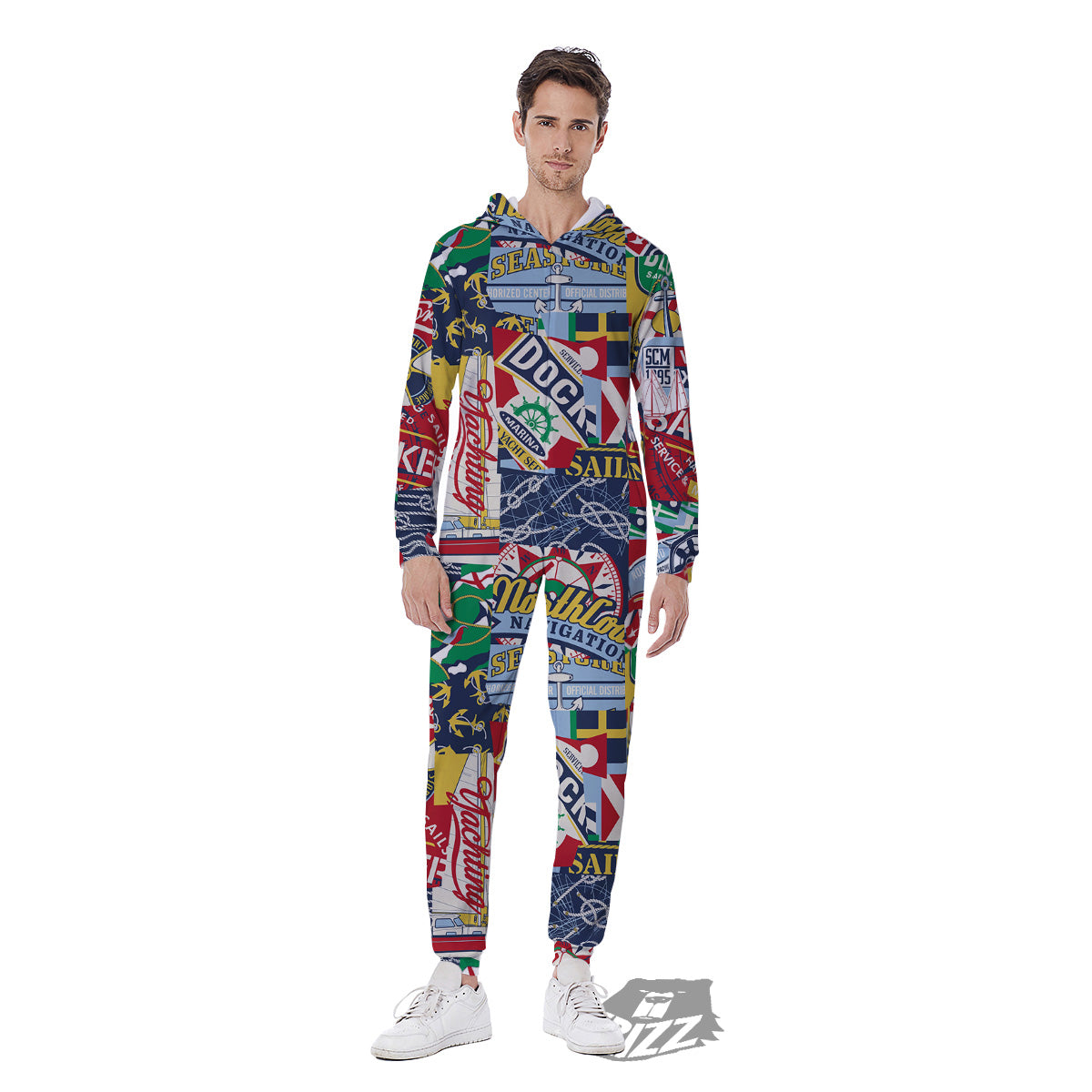 Patchwork Vintage Nautical Print Pattern Men's Jumpsuit-grizzshop