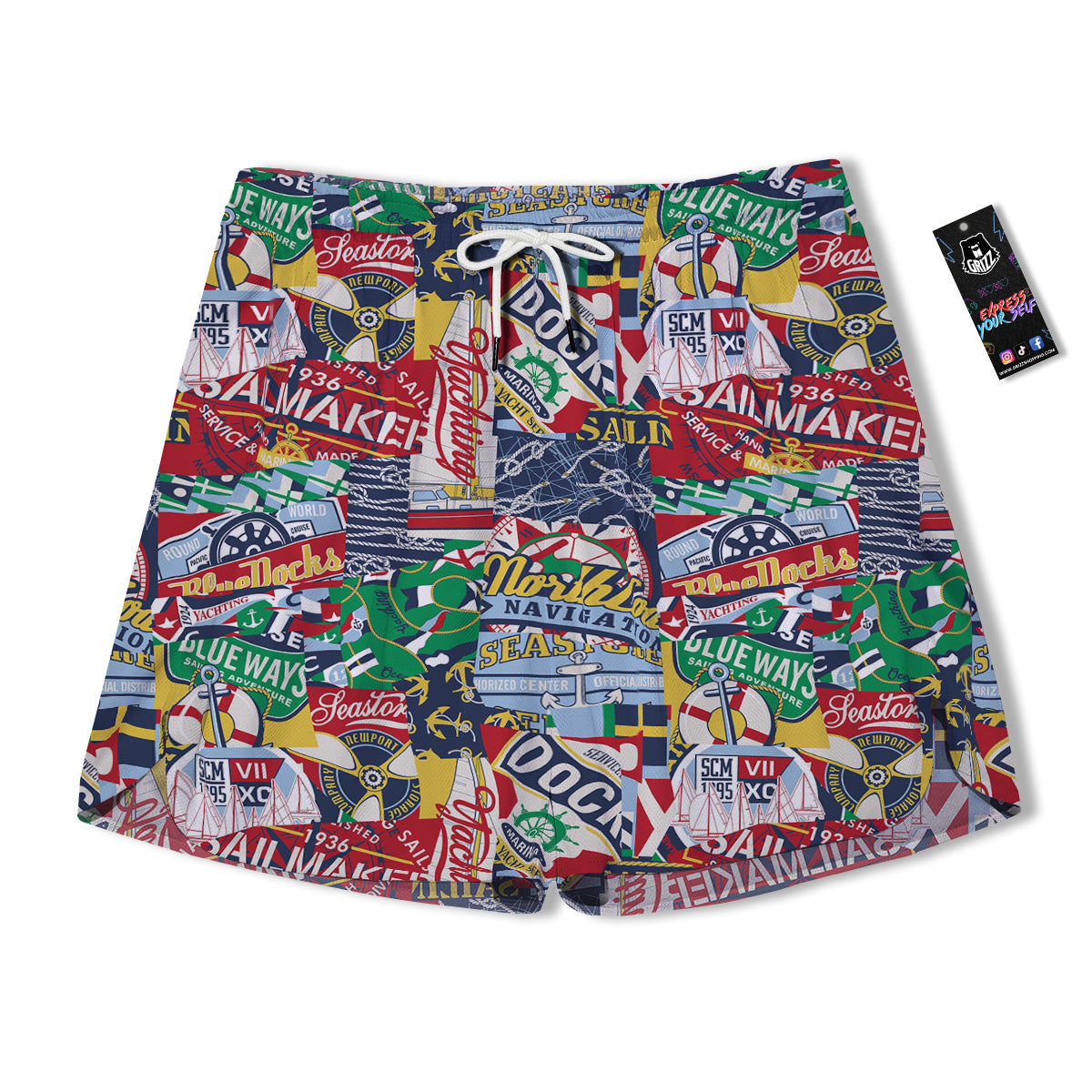 Patchwork Vintage Nautical Print Pattern Men's Running Shorts-grizzshop