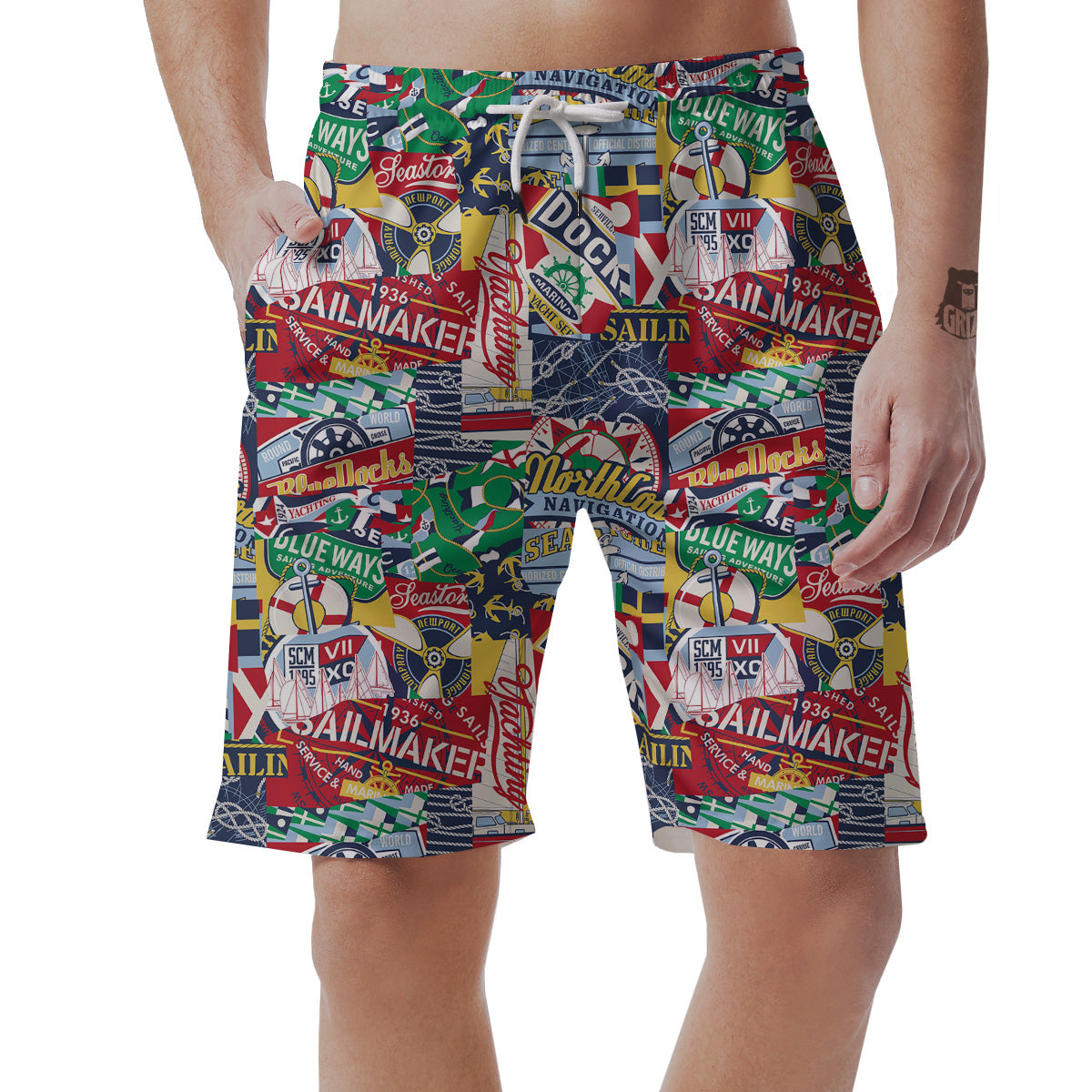 Patchwork Vintage Nautical Print Pattern Men's Shorts-grizzshop