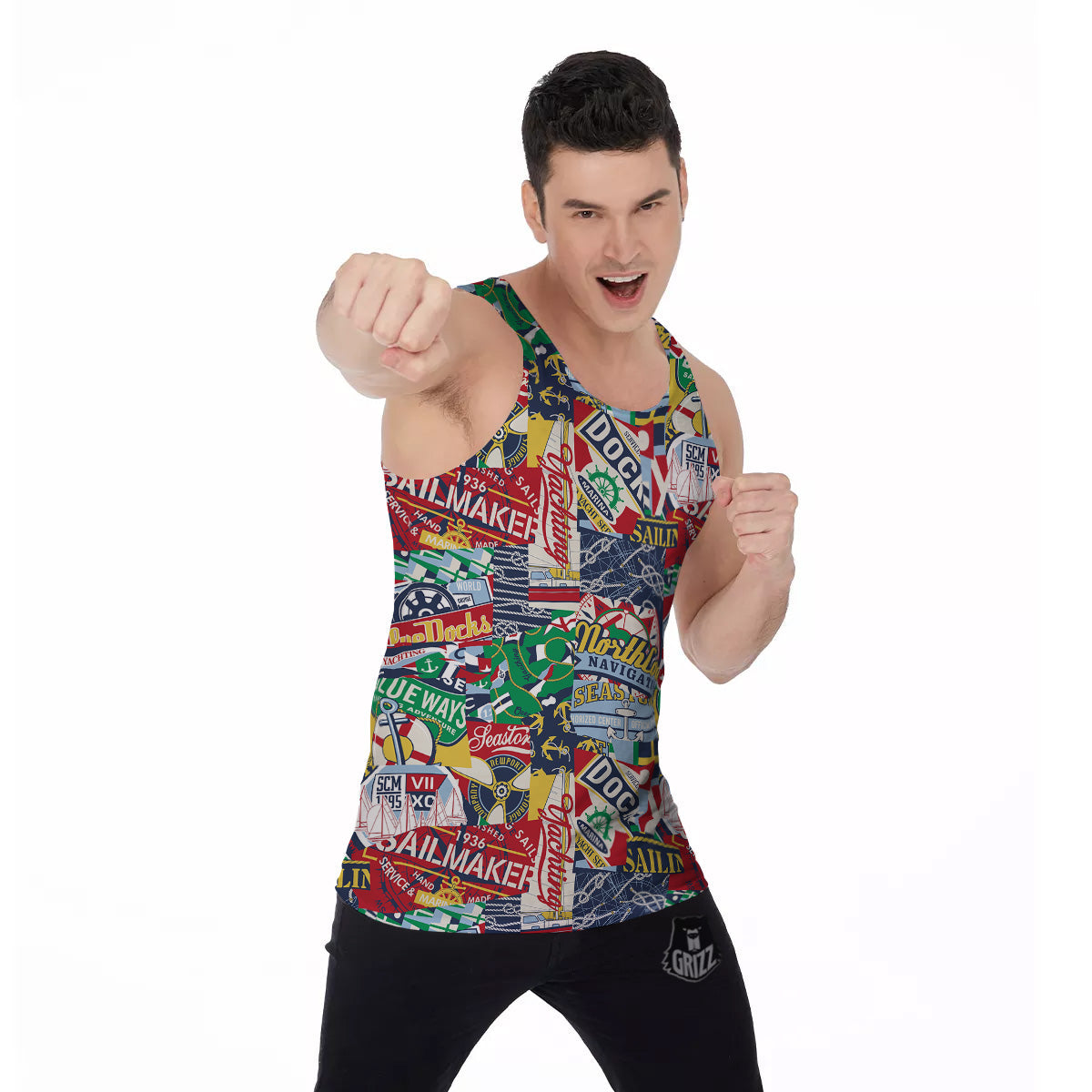 Patchwork Vintage Nautical Print Pattern Men's Tank Top-grizzshop