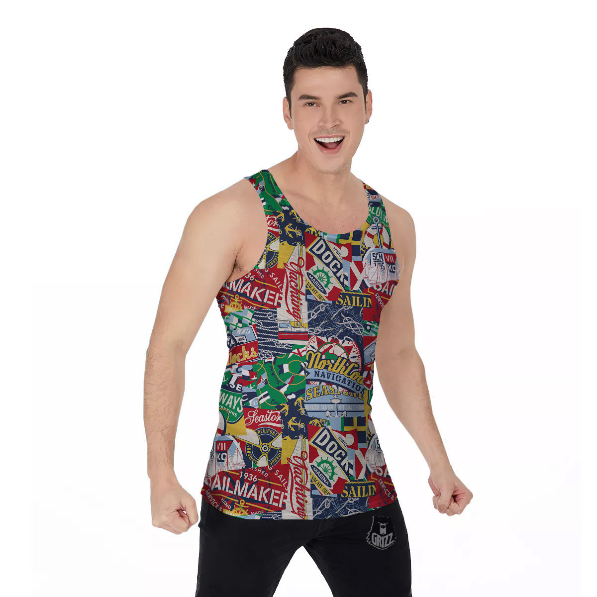Patchwork Vintage Nautical Print Pattern Men's Tank Top-grizzshop