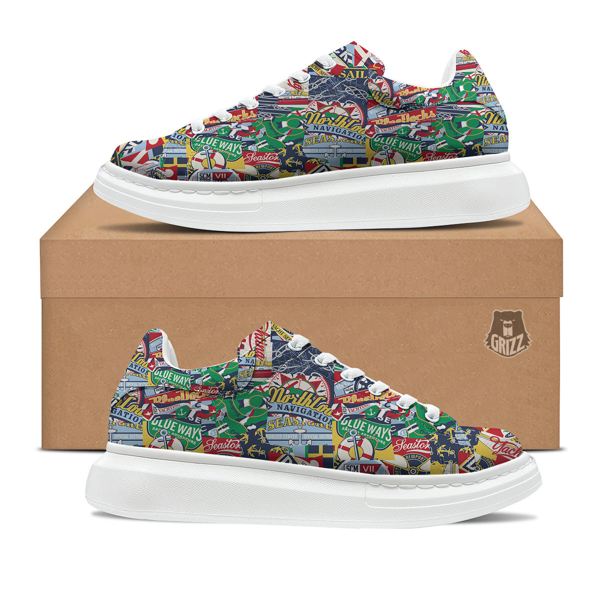 Patchwork Vintage Nautical Print Pattern Platform Shoes-grizzshop
