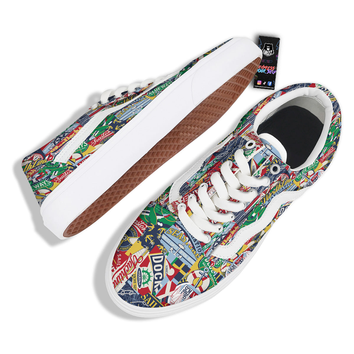 Patchwork Vintage Nautical Print Pattern Skate Shoes-grizzshop