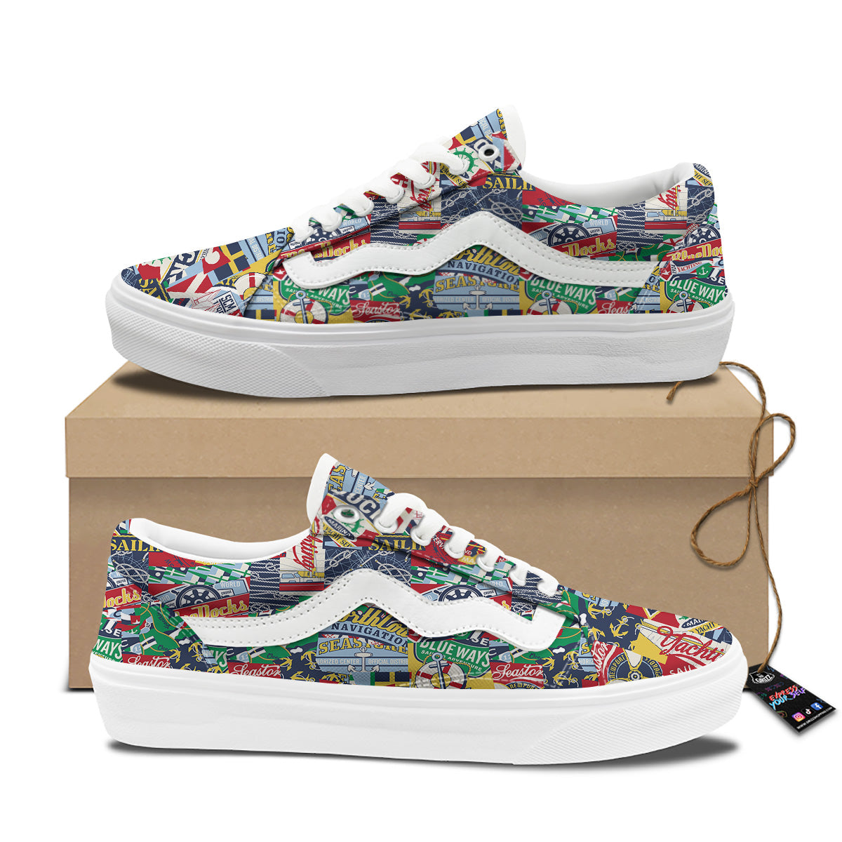Patchwork Vintage Nautical Print Pattern Skate Shoes-grizzshop
