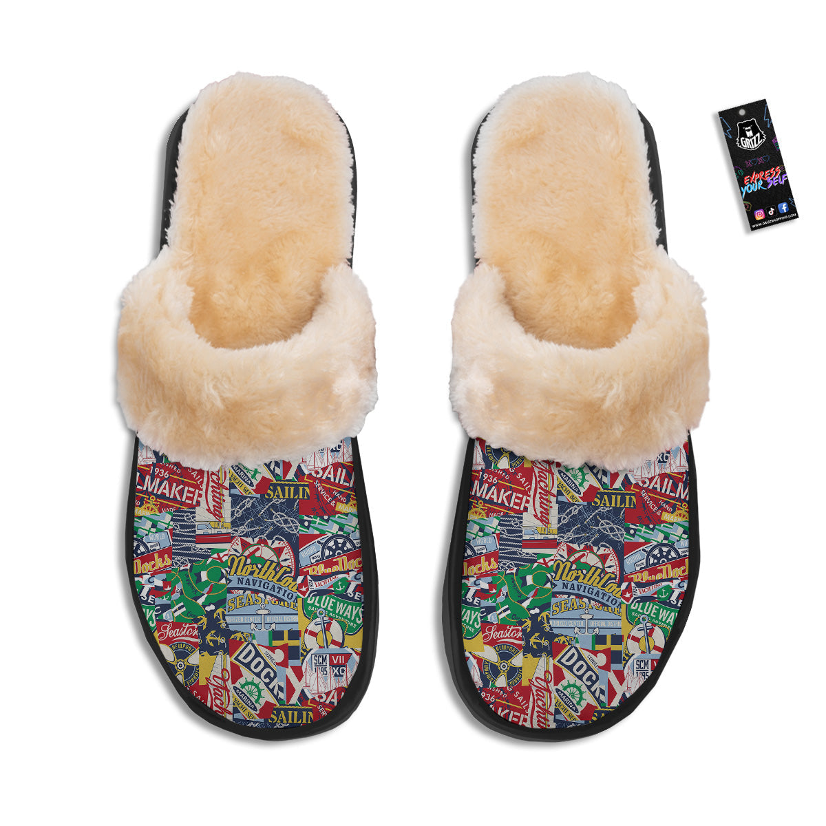Patchwork Vintage Nautical Print Pattern Slippers-grizzshop
