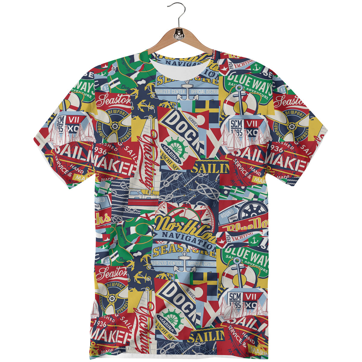 Patchwork Vintage Nautical Print Pattern T-Shirt-grizzshop
