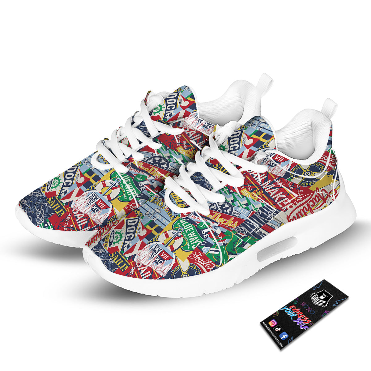 Patchwork Vintage Nautical Print Pattern Tennis Shoes-grizzshop