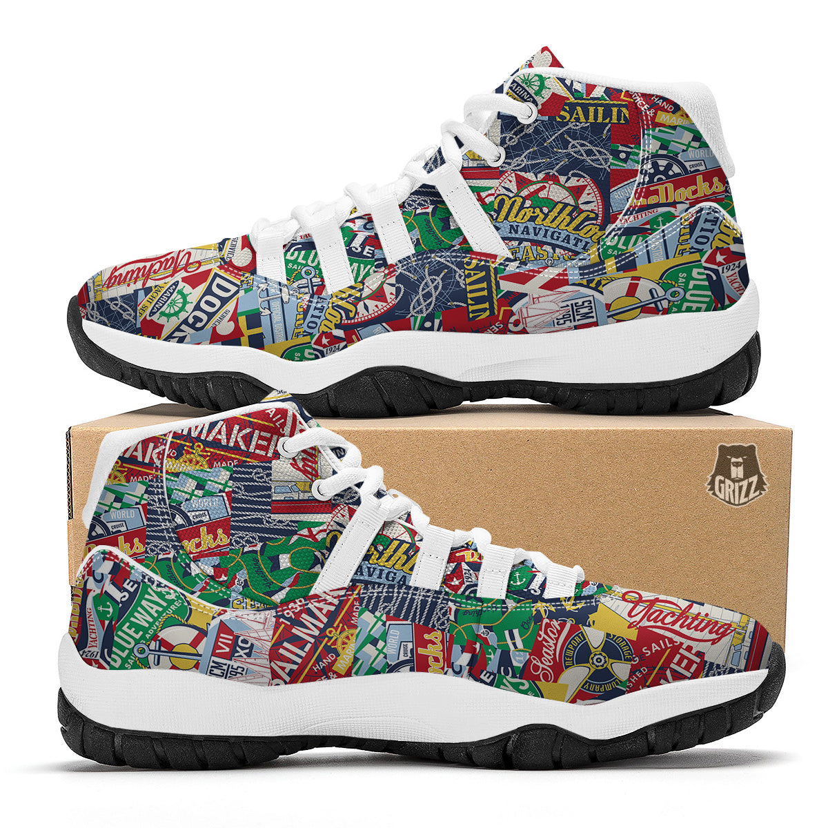 Patchwork Vintage Nautical Print Pattern White Bball Shoes-grizzshop