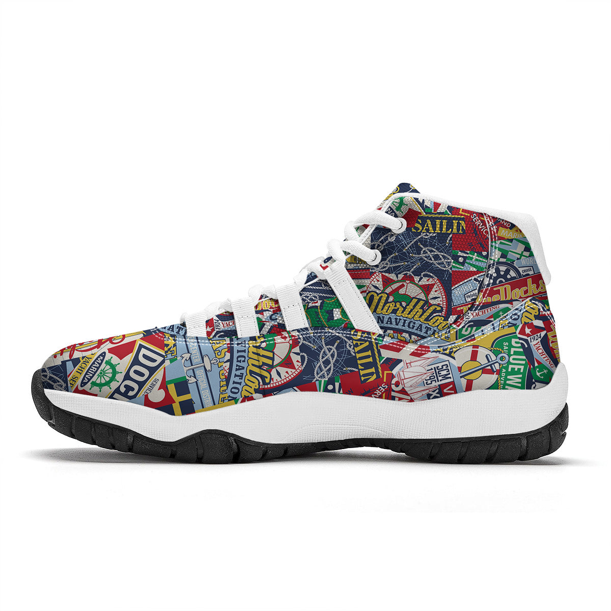 Patchwork Vintage Nautical Print Pattern White Bball Shoes-grizzshop