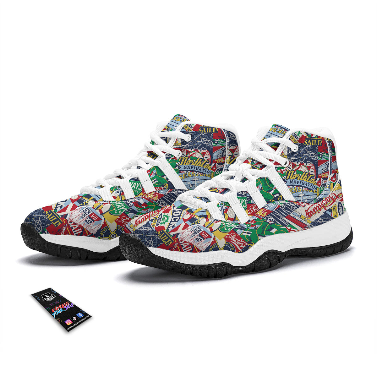 Patchwork Vintage Nautical Print Pattern White Bball Shoes-grizzshop