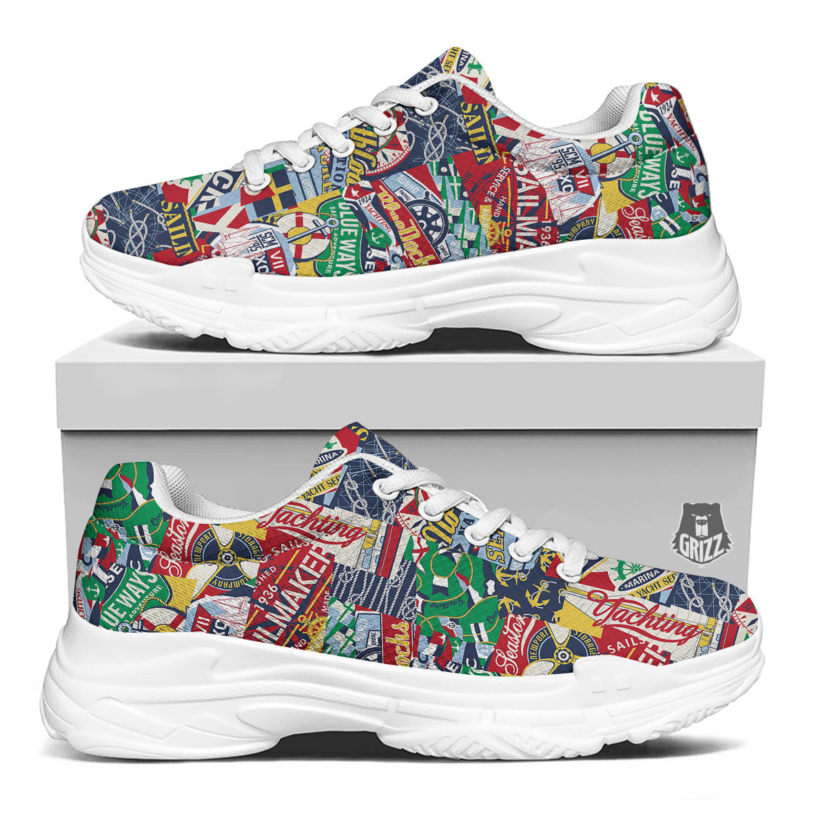 Patchwork Vintage Nautical Print Pattern White Chunky Shoes-grizzshop
