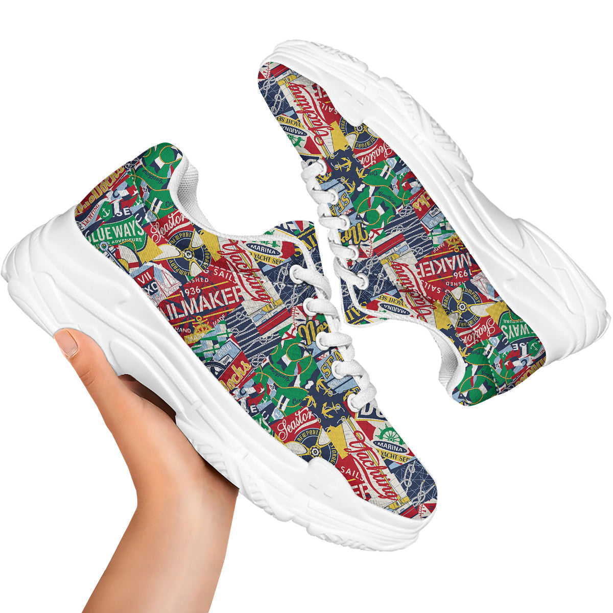 Patchwork Vintage Nautical Print Pattern White Chunky Shoes-grizzshop