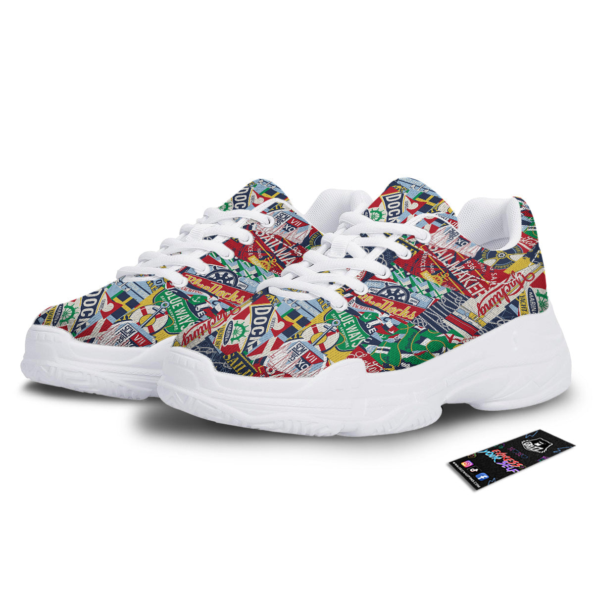 Patchwork Vintage Nautical Print Pattern White Chunky Shoes-grizzshop