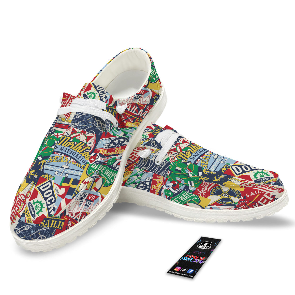 Patchwork Vintage Nautical Print Pattern White Loafers-grizzshop