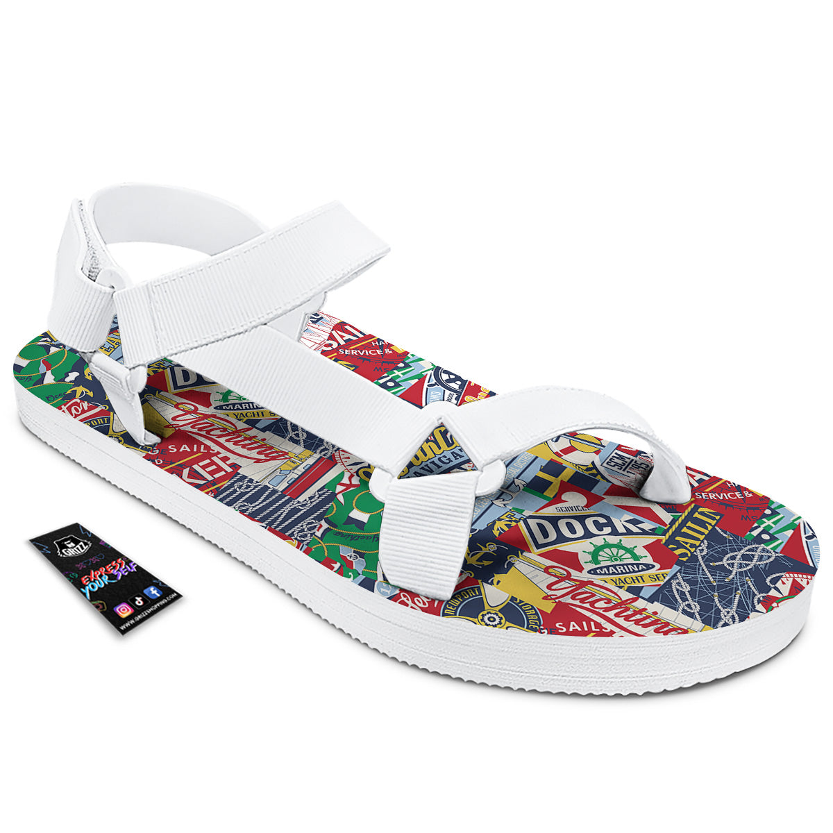 Patchwork Vintage Nautical Print Pattern White Open Toe Sandals-grizzshop