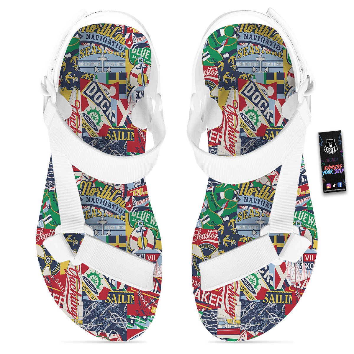 Patchwork Vintage Nautical Print Pattern White Open Toe Sandals-grizzshop