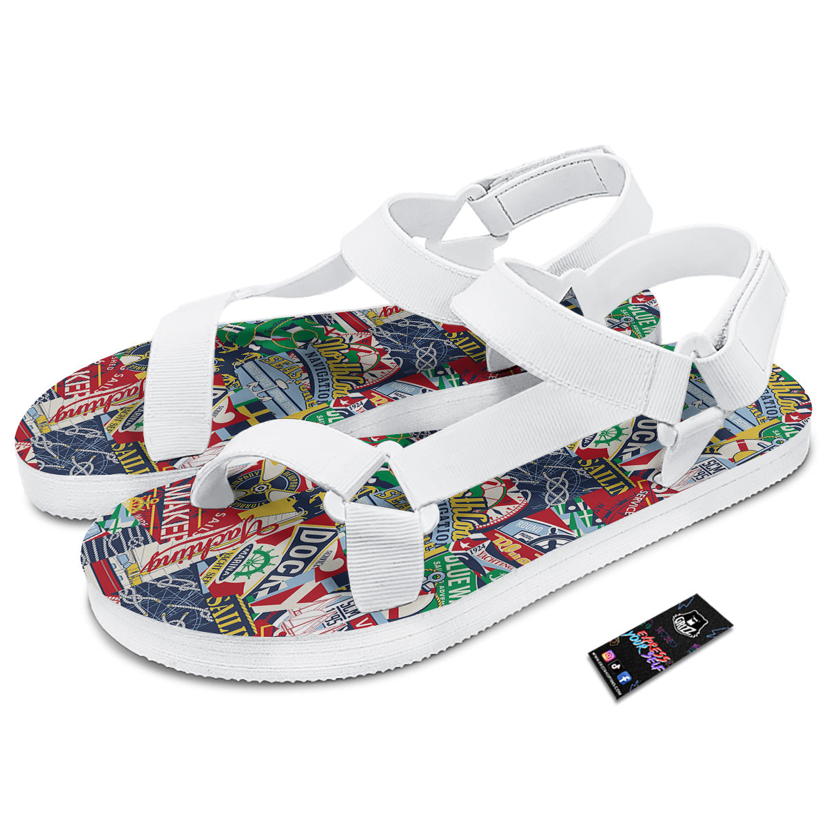 Patchwork Vintage Nautical Print Pattern White Open Toe Sandals-grizzshop