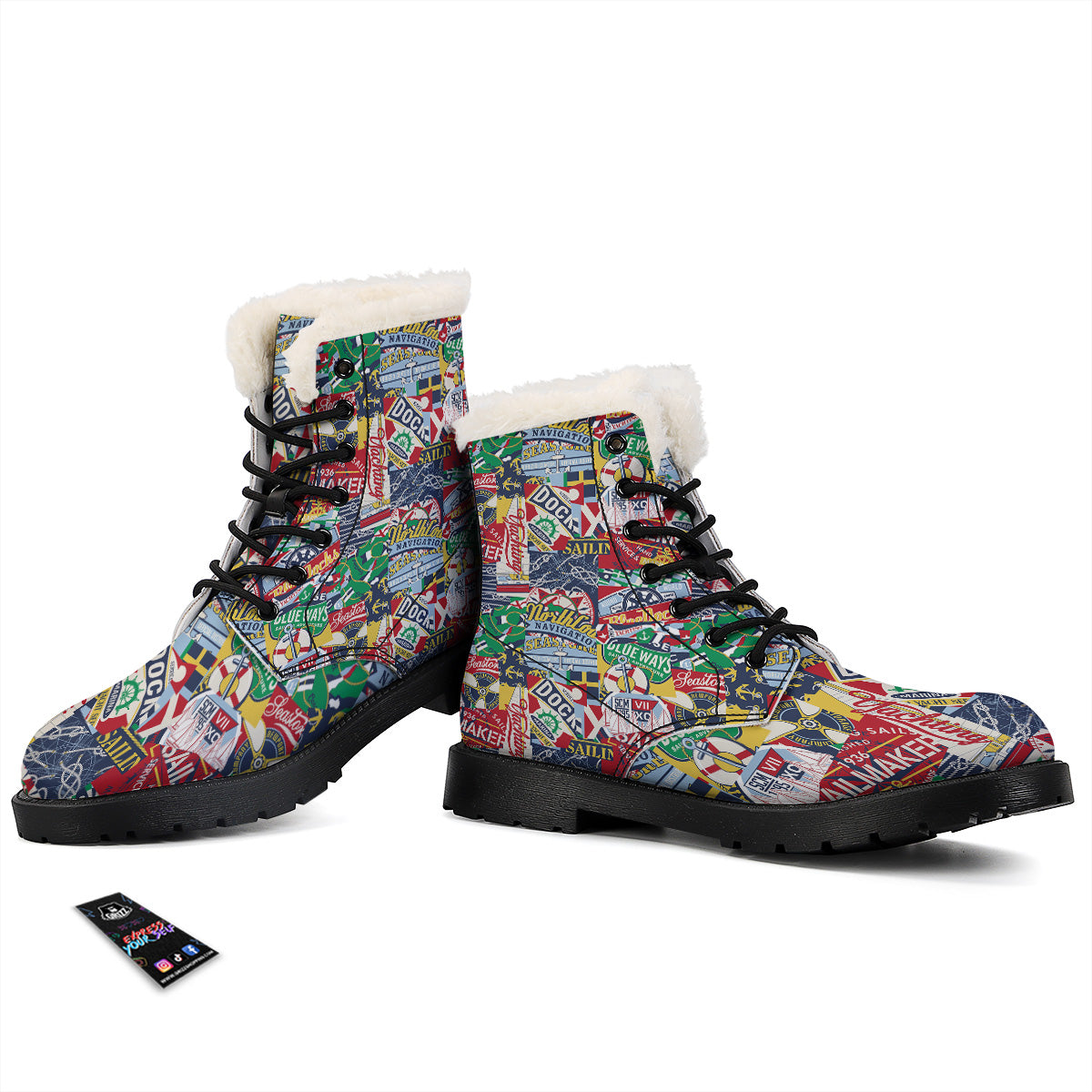 Patchwork Vintage Nautical Print Pattern Winter Boots-grizzshop