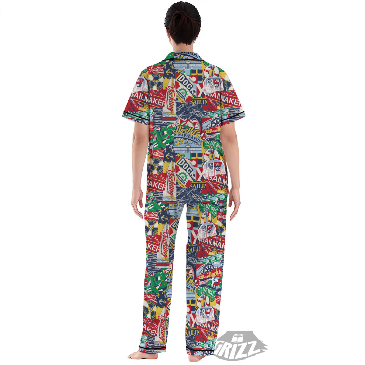 Patchwork Vintage Nautical Print Pattern Women's Pajamas Set-grizzshop