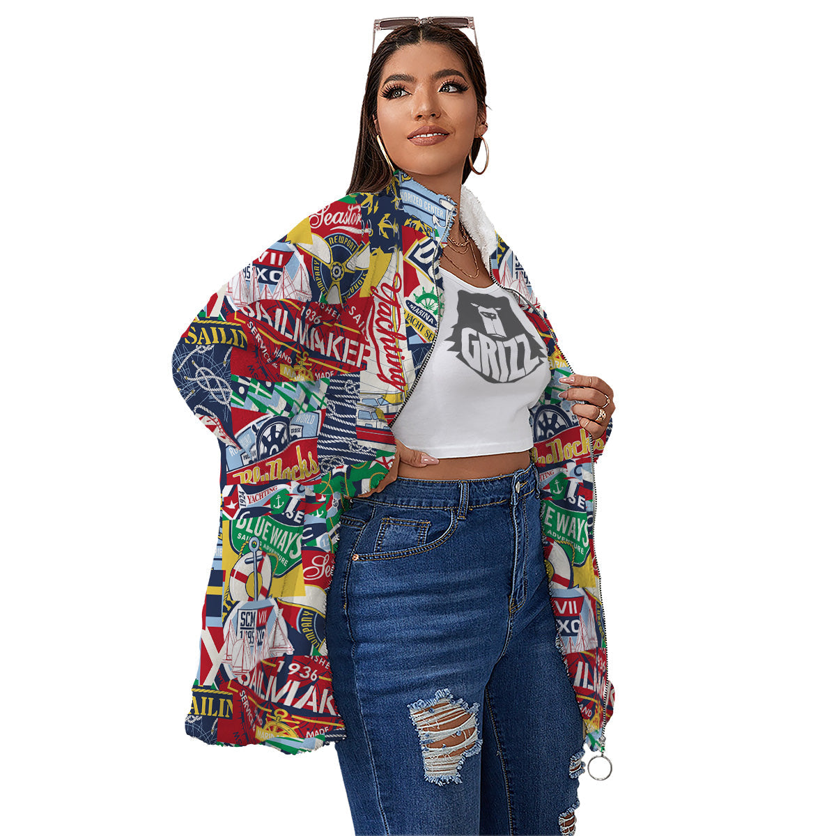 Patchwork Vintage Nautical Print Pattern Women's Sherpa Jacket-grizzshop