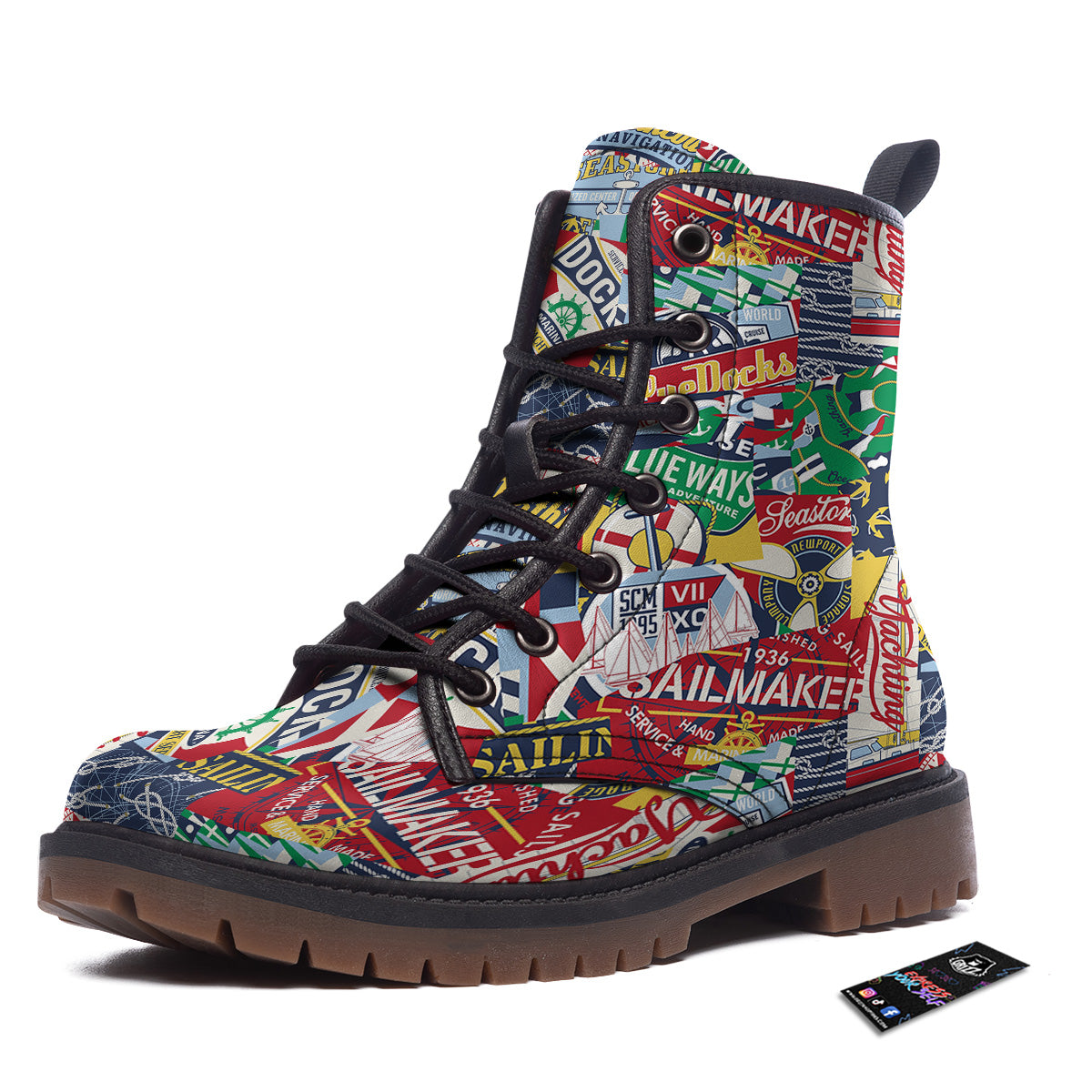 Patchwork Vintage Nautical Print Pattern Work Boots-grizzshop