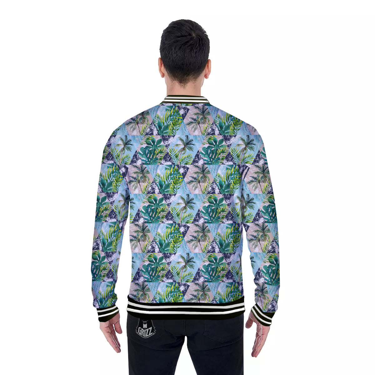 Patchwork Watercolor Tropical Leaves Print Pattern Baseball Jacket-grizzshop