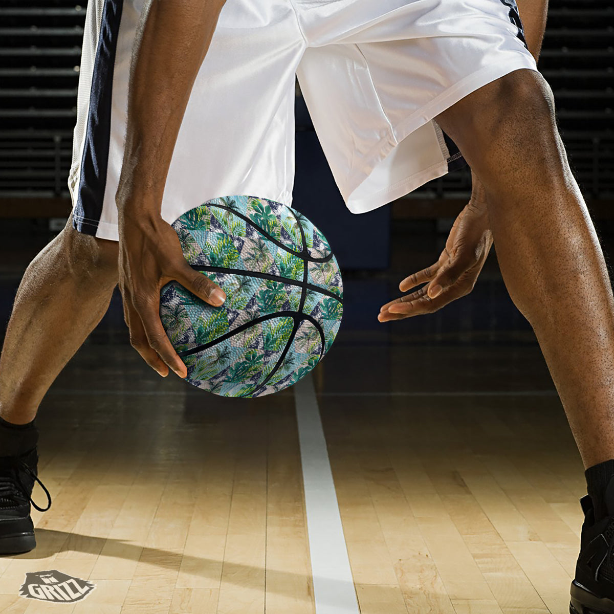 Patchwork Watercolor Tropical Leaves Print Pattern Basketball-grizzshop