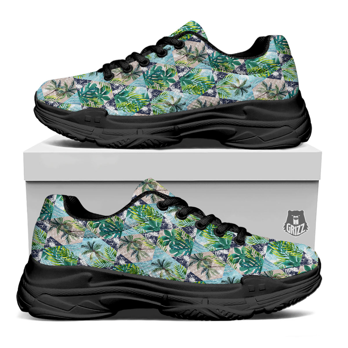 Patchwork Watercolor Tropical Leaves Print Pattern Black Chunky Shoes-grizzshop