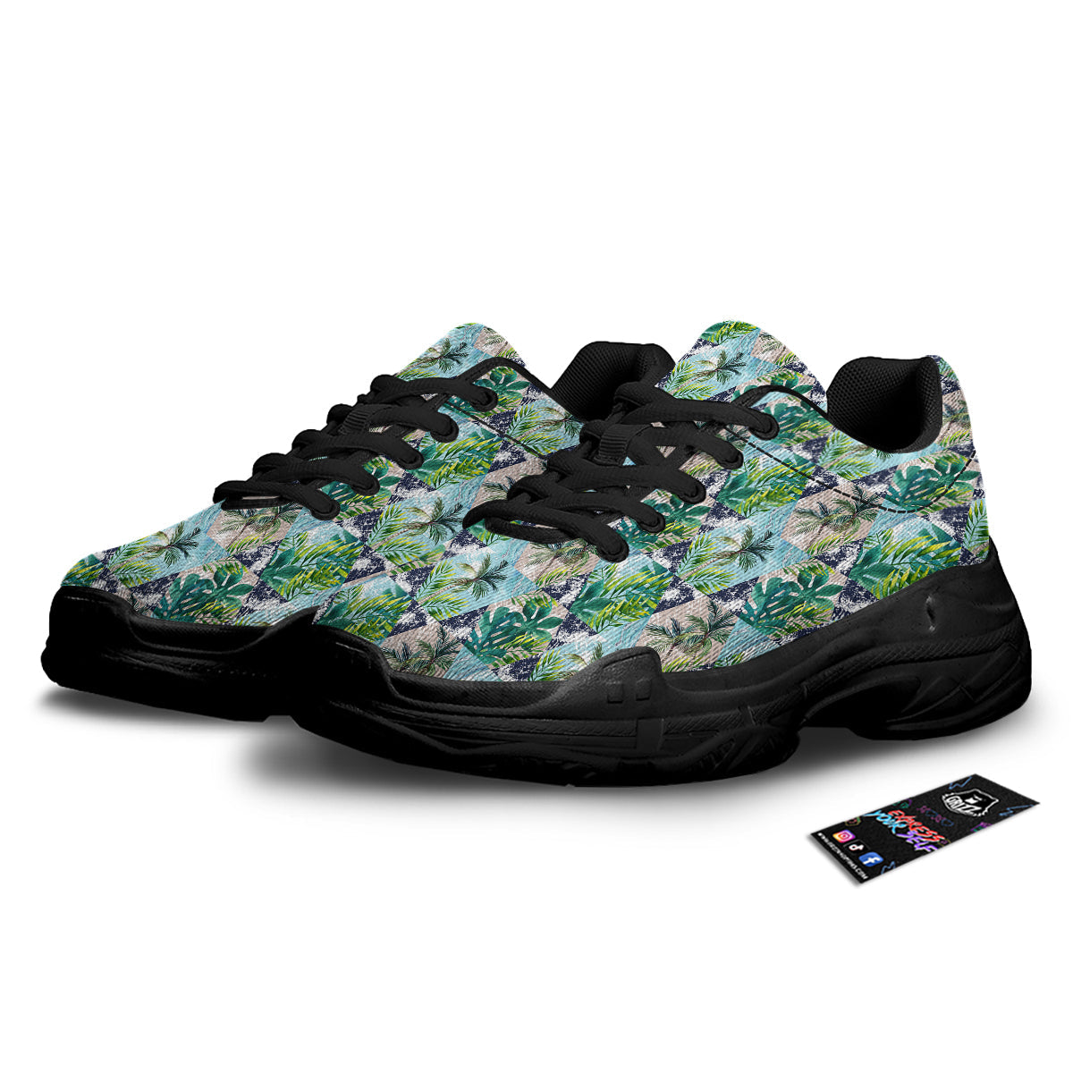 Patchwork Watercolor Tropical Leaves Print Pattern Black Chunky Shoes-grizzshop