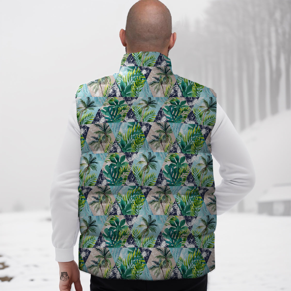 Patchwork Watercolor Tropical Leaves Print Pattern Down Vest