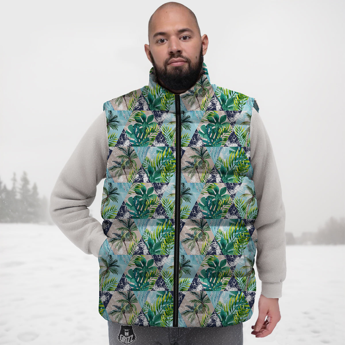 Patchwork Watercolor Tropical Leaves Print Pattern Down Vest
