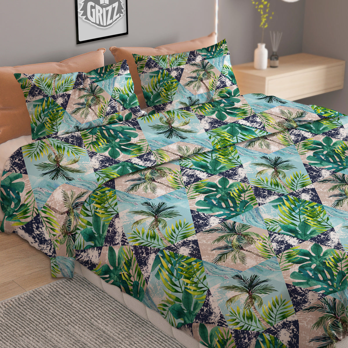 Patchwork Watercolor Tropical Leaves Print Pattern Duvet Cover Bedding Set