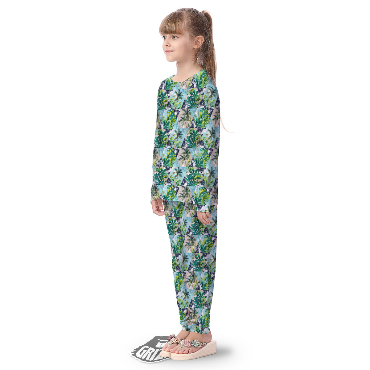 Patchwork Watercolor Tropical Leaves Print Pattern Kid's Pajamas-grizzshop