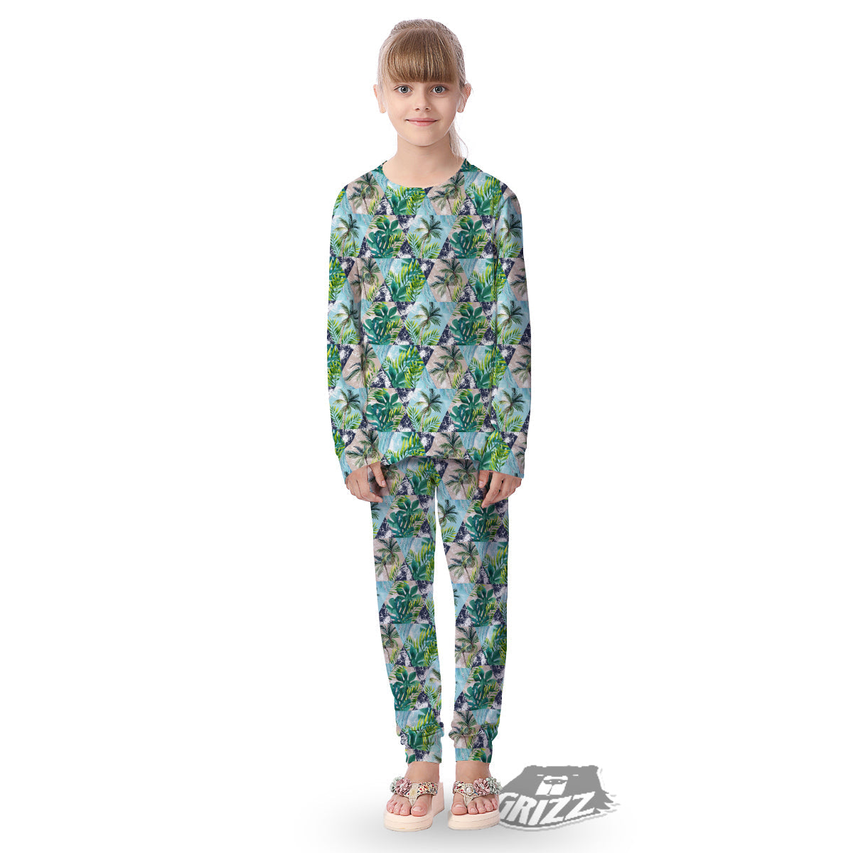 Patchwork Watercolor Tropical Leaves Print Pattern Kid's Pajamas-grizzshop