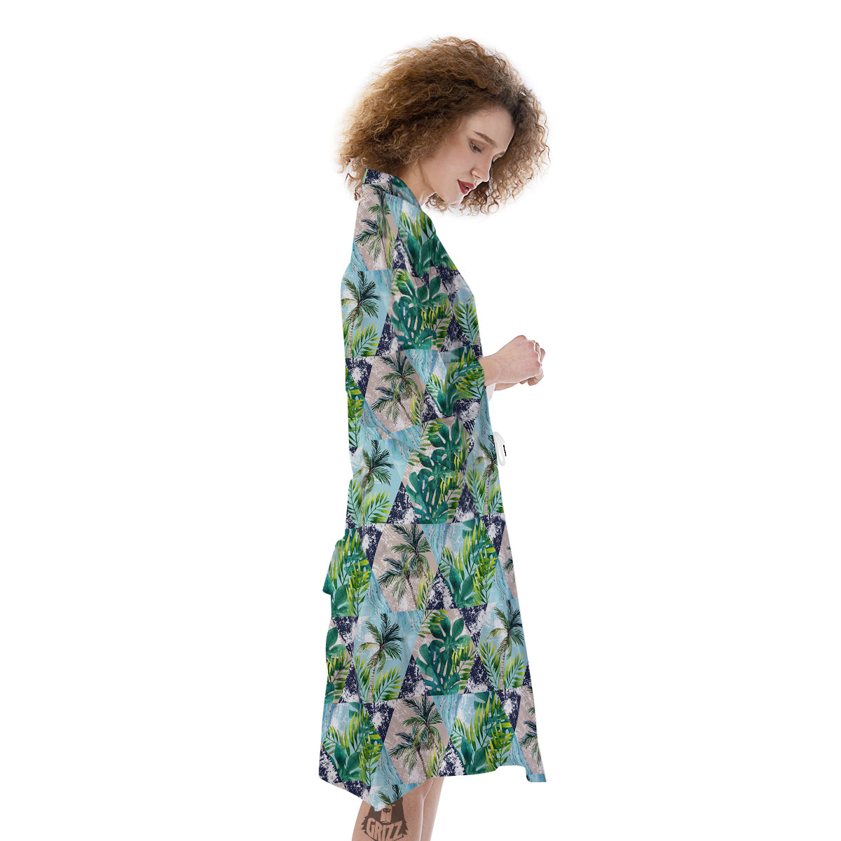 Patchwork Watercolor Tropical Leaves Print Pattern Kimono-grizzshop