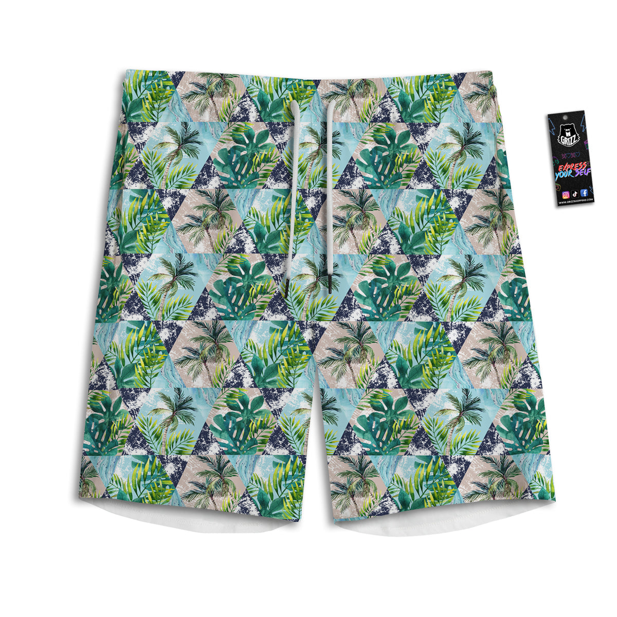 Patchwork Watercolor Tropical Leaves Print Pattern Men's Athletic Shorts