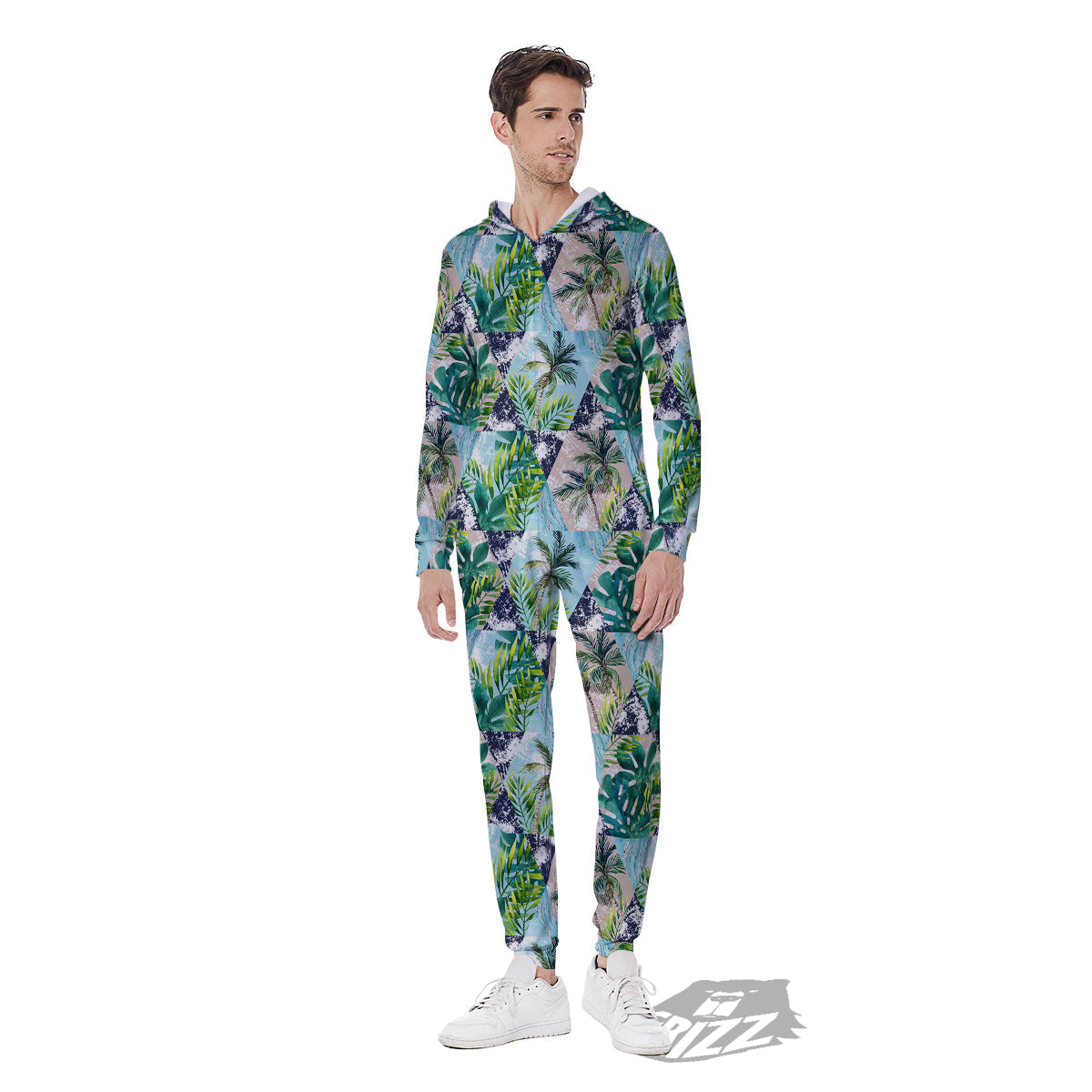 Patchwork Watercolor Tropical Leaves Print Pattern Men's Jumpsuit-grizzshop