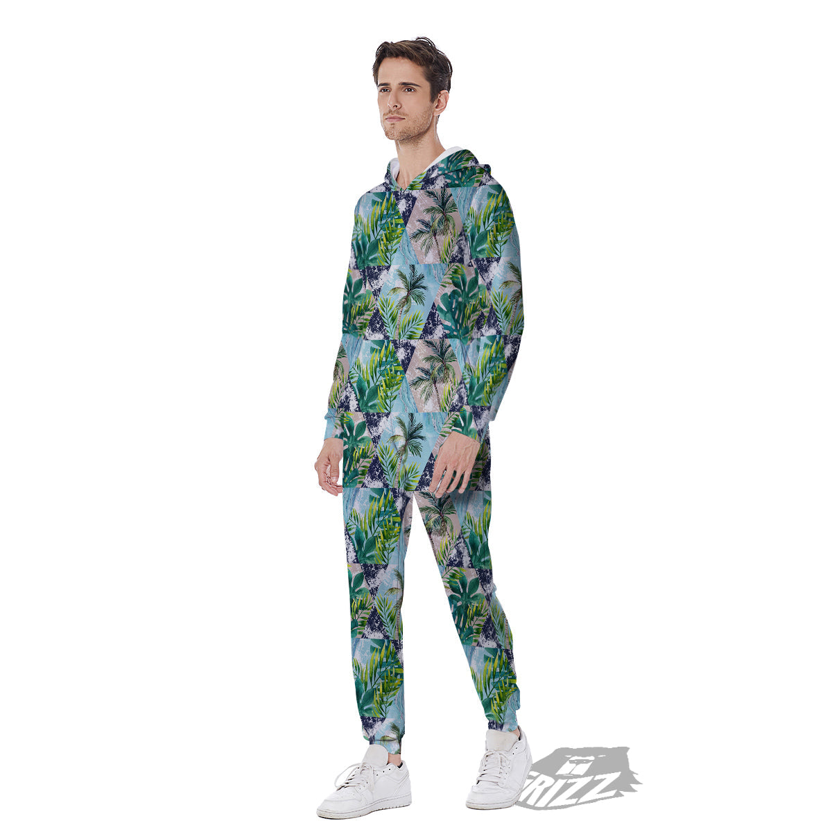 Patchwork Watercolor Tropical Leaves Print Pattern Men's Jumpsuit-grizzshop